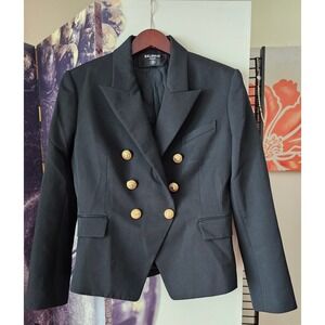 BALMAIN PARIS Black Double Breasted Blazer Gold Lion Buttons Size 44 TP01